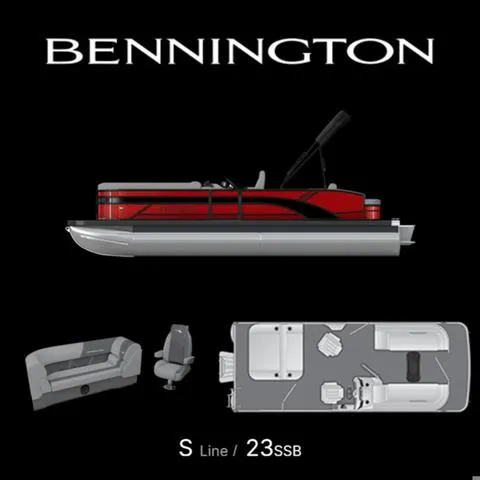 Slide: The Image of 2025 Bennington 23 SSB pontoon boat with interior layout and seating design. - 4