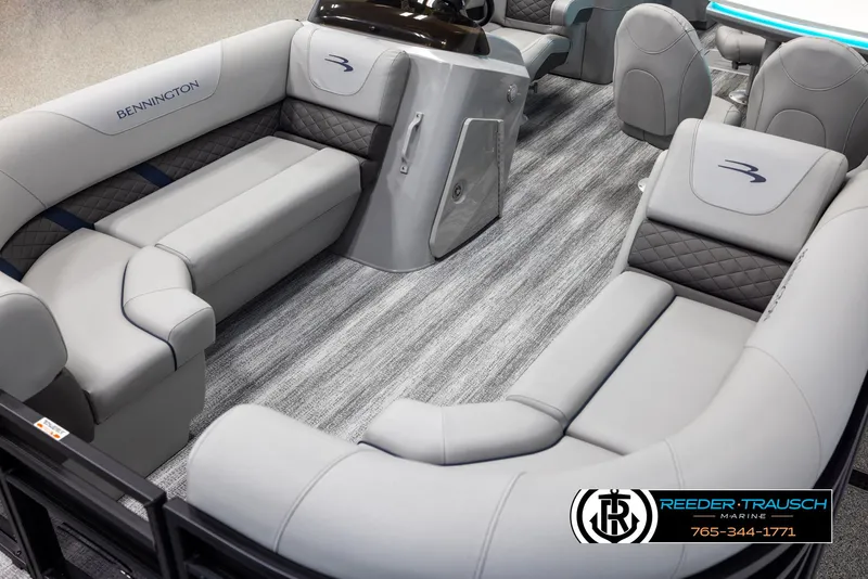 Slide: The Image of Luxurious interior of 2025 Bennington 23 SXPDSE pontoon boat with plush seating. - 10