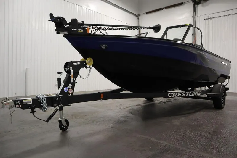 Slide: The Image of 2025 Crestliner 1850 Super Hawk JS boat on trailer in a garage. - 43