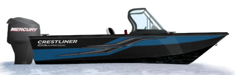 Slide: The Image of 2025 Crestliner 1850 Super Hawk JS boat with Mercury engine, side view. - 46