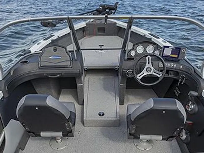 Slide: The Image of Interior view of 2025 Crestliner 1850 Super Hawk JS boat, featuring dual seats and control panel. - 48