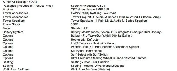 Slide: The Image of 2019 Nautique Super Air Nautique GS24 features and options list. - 14