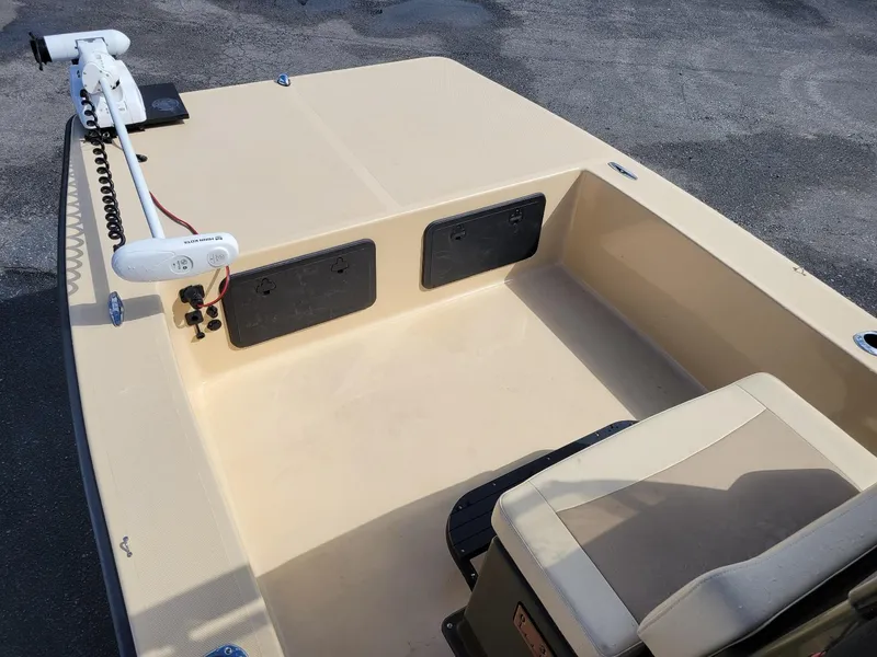Slide: The Image of 2021 KenCraft Duck Rider 2060 skiff, center console, Yamaha 115, beige deck view. - 13