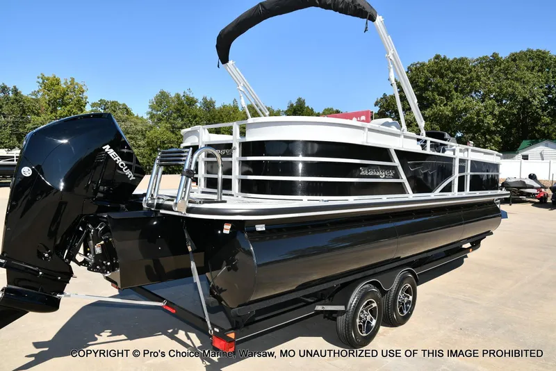 Slide: The Image of 2025 Ranger 243C Cruise pontoon boat with 250HP Mercury 4 Stroke engine on trailer. - 12