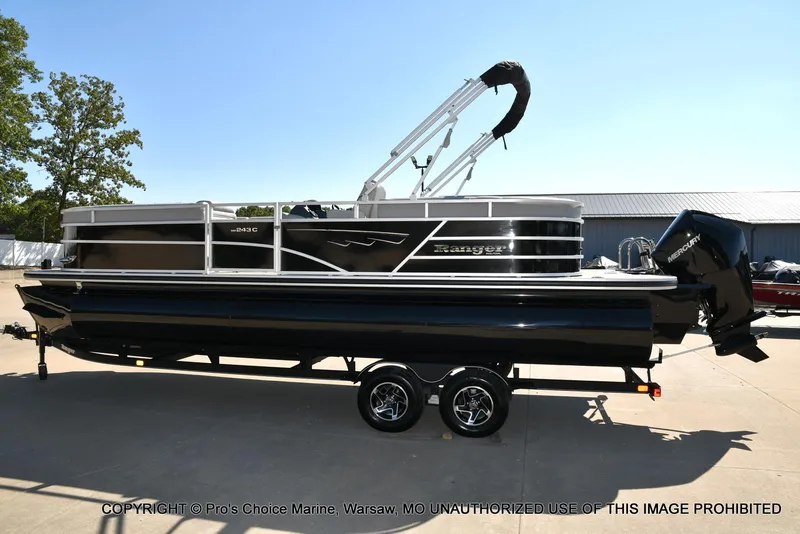 Slide: The Image of 2025 Ranger 243C Cruise pontoon boat with 250HP Mercury 4 Stroke engine on trailer. - 17