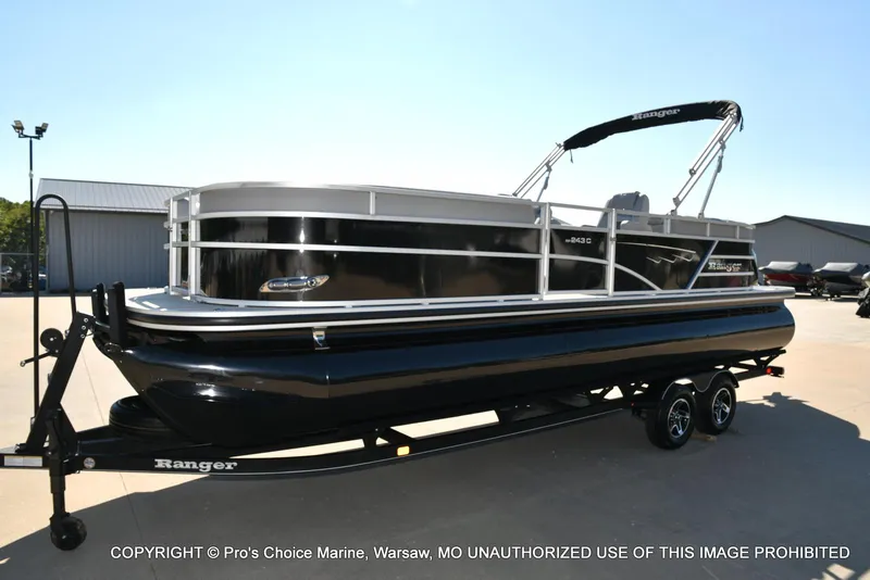 Slide: The Image of 2025 Ranger 243C Cruise pontoon boat with 250HP Mercury 4 Stroke engine on trailer. - 18