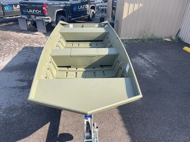 Slide: The Image of 2025 Lowe 1648M aluminum boat on trailer in parking lot. - 3