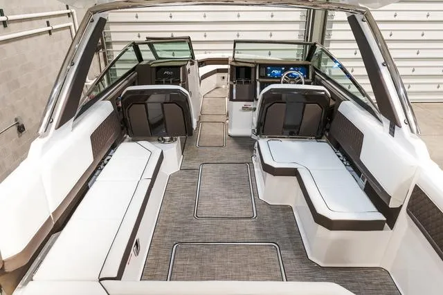 Slide: The Image of Luxurious interior of 2025 Cobalt R33 boat with modern seating and sleek design. - 8