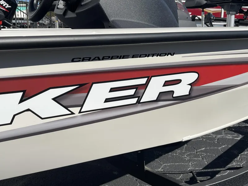 Slide: The Image of 2025 Tracker Pro Team 175 Crappie Edition boat, side view with bold lettering. - 11