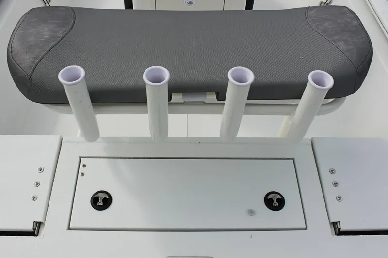 Slide: The Image of 2026 Avid 19 FSX boat seat with rod holders and storage compartment. - 38