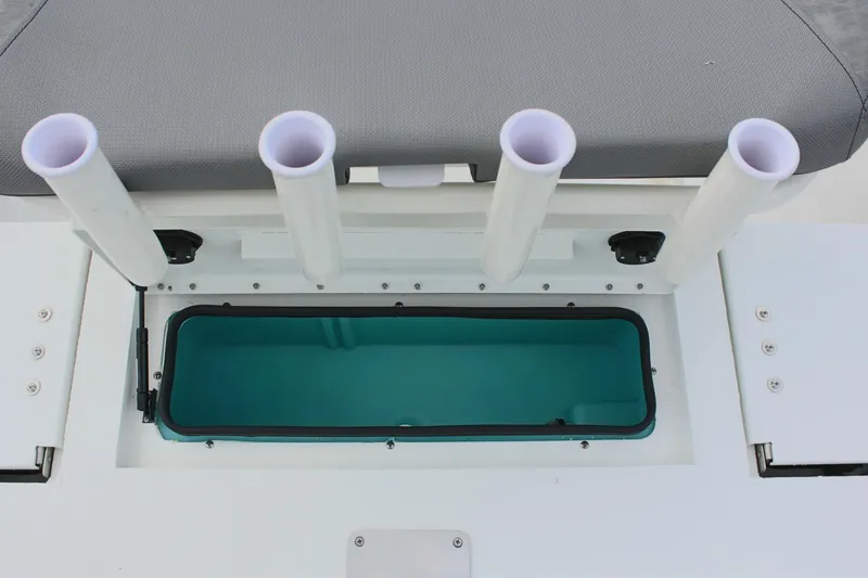 Slide: The Image of Avid 19 FSX 2026 boat with rod holders and storage compartment. - 39