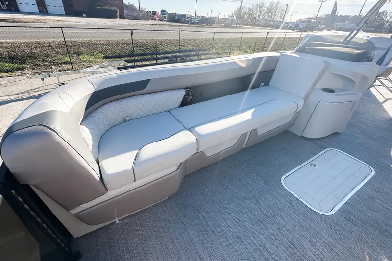 Slide: The Image of Interior storage compartments of 2025 Godfrey Sweetwater 24' Drop Table Lounge Tritoon. - 6