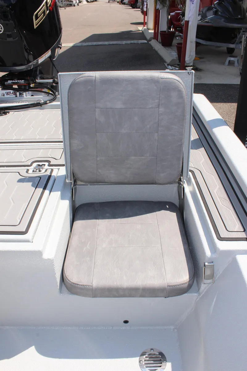 Slide: The Image of Avid 23 FSX 2025 boat seat with gray upholstery, showcasing modern design. - 15