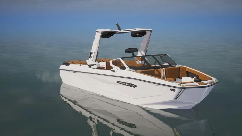 Slide: The Image of 2025 Nautique G25 Paragon boat on calm water, showcasing sleek design and luxury features. - 2