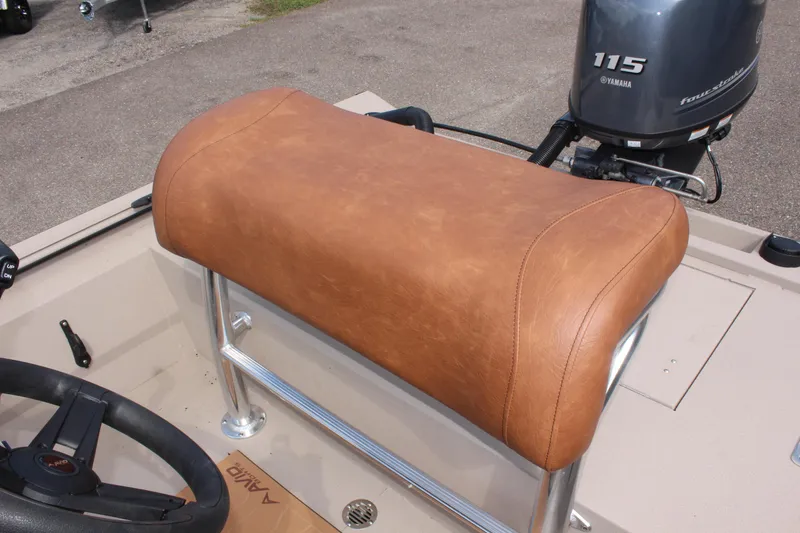 Slide: The Image of 2025 Avid 18 Rogue CC boat with tan leather seat and Yamaha 115 engine. - 14