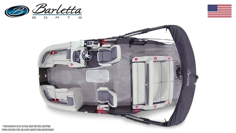Slide: The Image of 2025 Barletta Cabrio 22UC pontoon boat, top view, spacious seating, elegant design. - 10