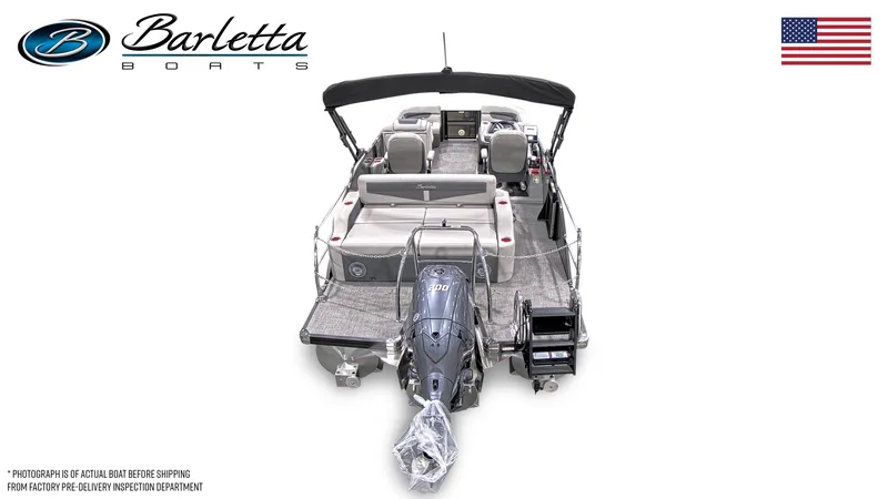 Slide: The Image of 2025 Barletta Cabrio 22UC pontoon boat, rear view with motor, American flag. - 11