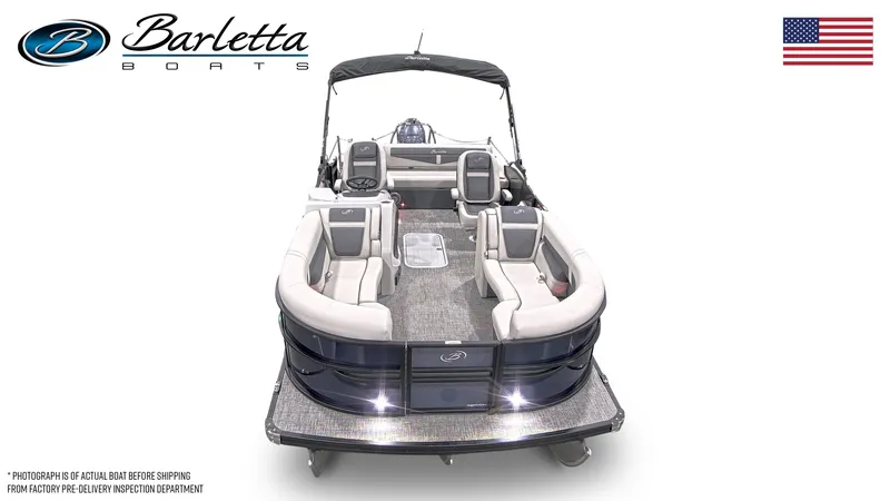 Slide: The Image of 2025 Barletta Cabrio 22UC pontoon boat with spacious seating and sleek design. - 2