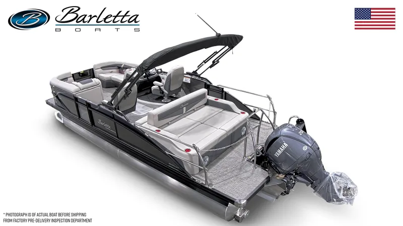 Slide: The Image of 2025 Barletta Cabrio 22UC pontoon boat with Yamaha engine, sleek design, and spacious seating. - 5