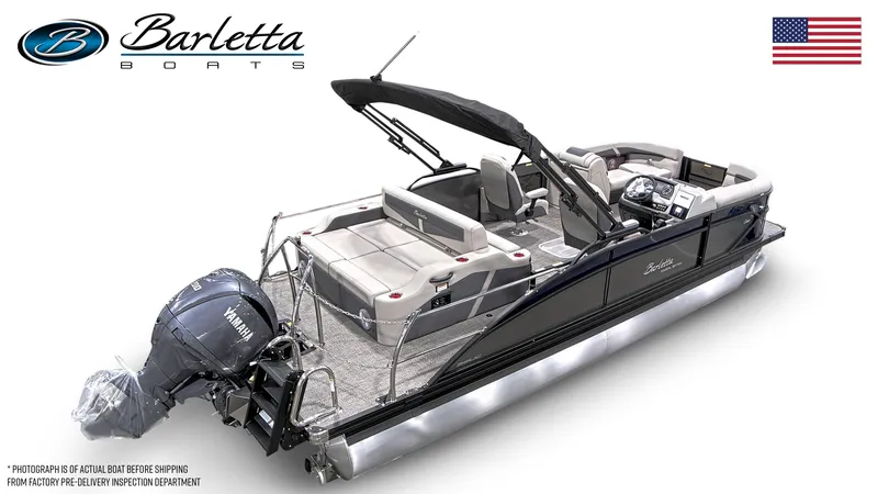 Slide: The Image of 2025 Barletta Cabrio 22UC pontoon boat with Yamaha engine, featuring sleek design and spacious seating. - 6
