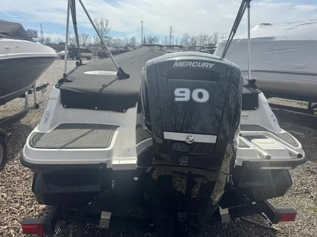 Slide: The Image of 2025 Bayliner Element M17 boat with Mercury 90 engine, rear view. - 8