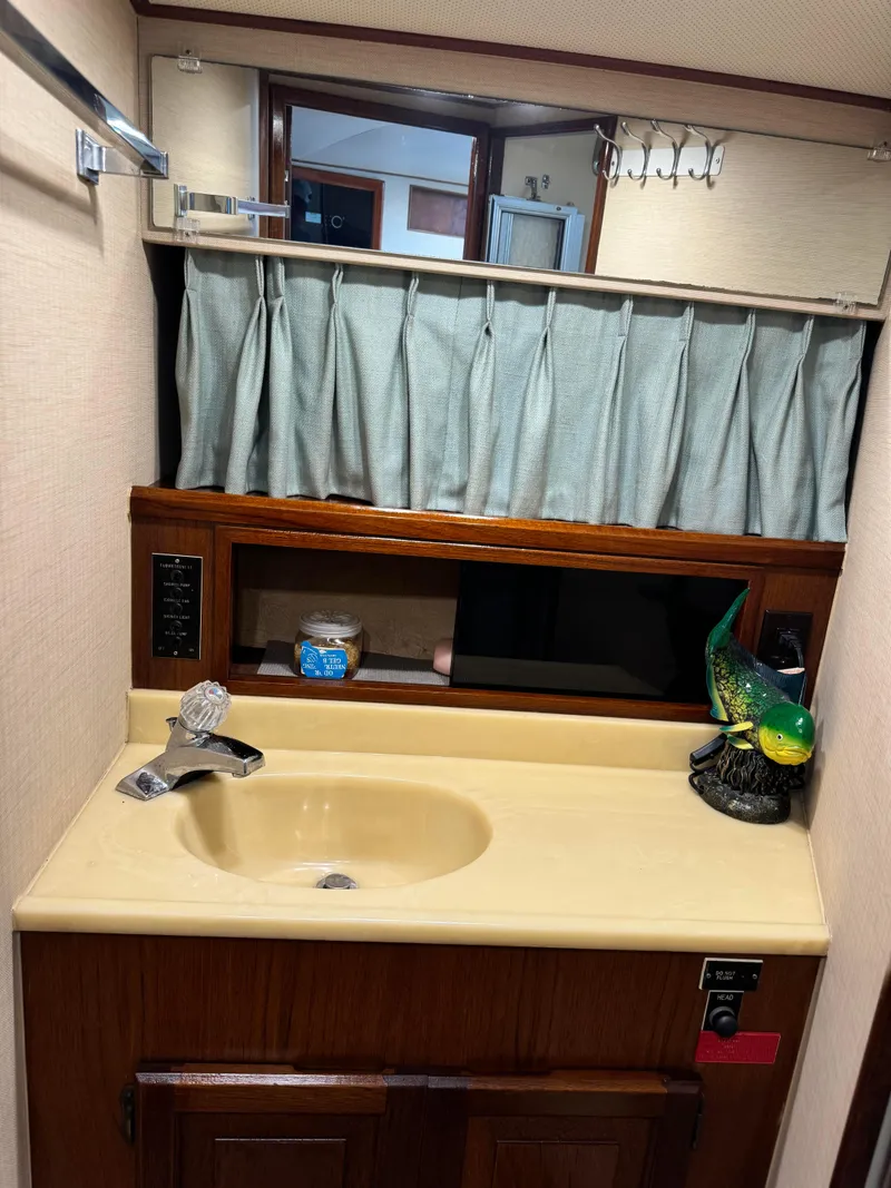 Slide: The Image of 1985 Viking Express bathroom with sink, mirror, and decorative parrot. - 27
