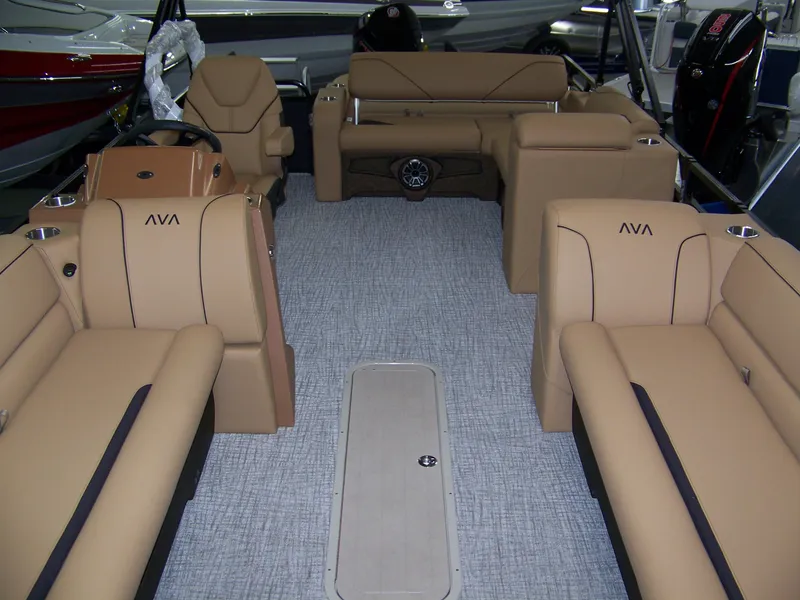 Slide: The Image of 2025 Avalon Venture 85 Versatile Rear Bench interior with tan seating and modern design. - 2