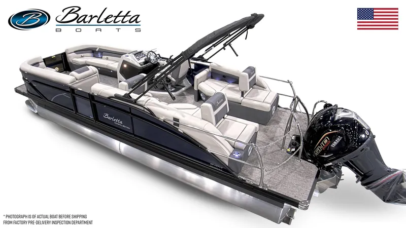 Slide: The Image of 2025 Barletta C24M pontoon boat with luxurious seating and powerful outboard motor. - 0