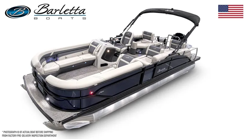 Slide: The Image of 2025 Barletta C24M pontoon boat with sleek design and spacious seating. - 1