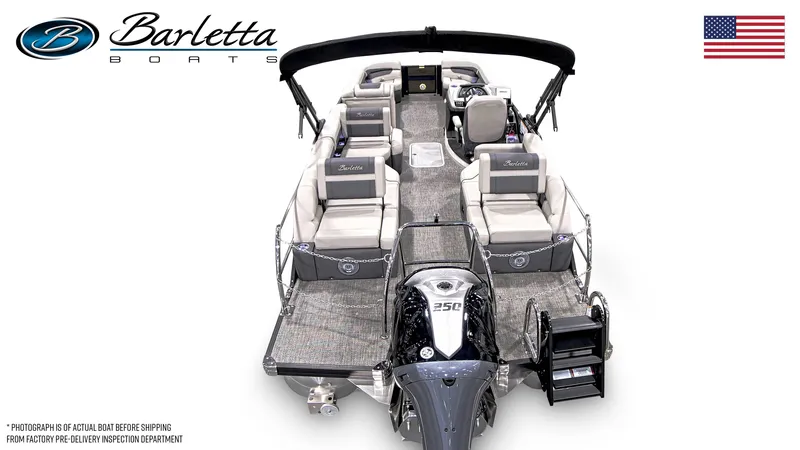Slide: The Image of 2025 Barletta C24M pontoon boat, luxury seating, powerful engine, American flag. - 3