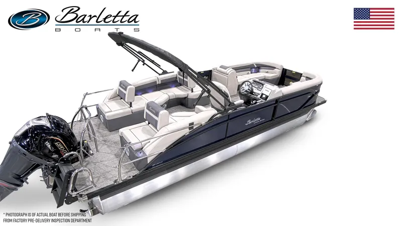 Slide: The Image of 2025 Barletta C24M pontoon boat with luxurious seating and sleek design. - 4