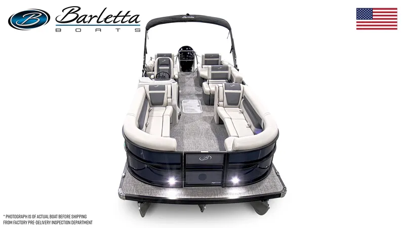 Slide: The Image of 2025 Barletta C24M pontoon boat with spacious seating and modern design. - 5