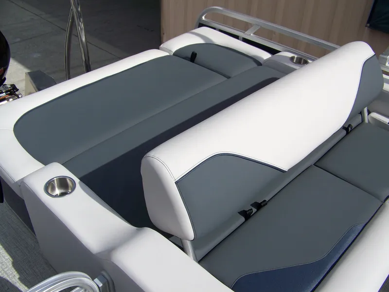 Slide: The Image of Avalon Venture 85 23VRB 2025 boat seating with sleek gray and white upholstery. - 10