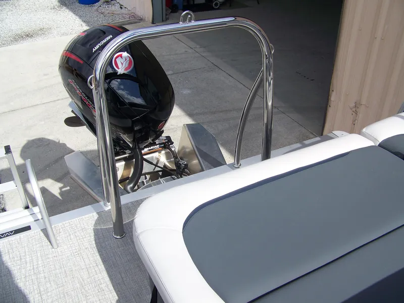 Slide: The Image of 2025 Avalon Venture 85 23VRB boat with motor and seating area. - 13