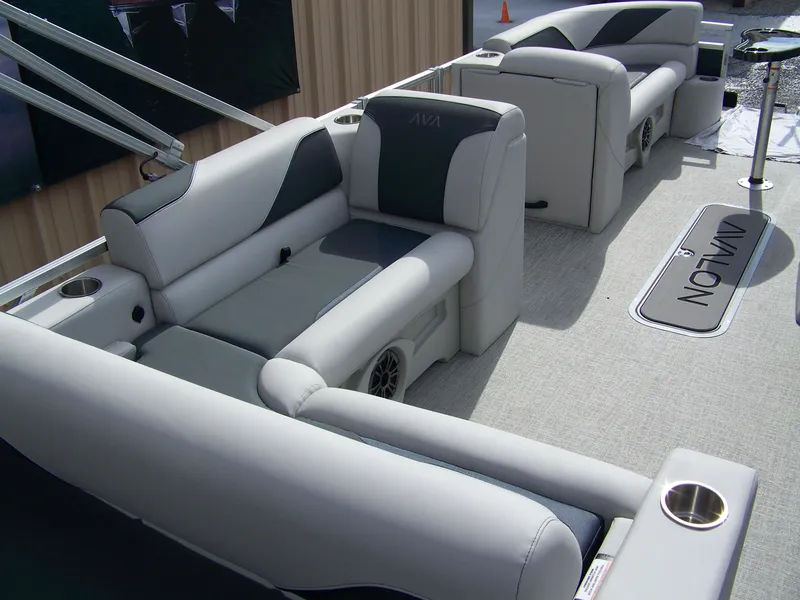 Slide: The Image of Luxurious seating on 2025 Avalon Venture 85 23VRB pontoon boat interior. - 16