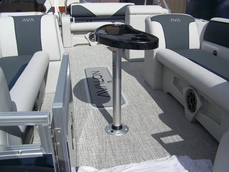 Slide: The Image of Interior of 2025 Avalon Venture 85 23VRB pontoon boat with seating and table. - 4