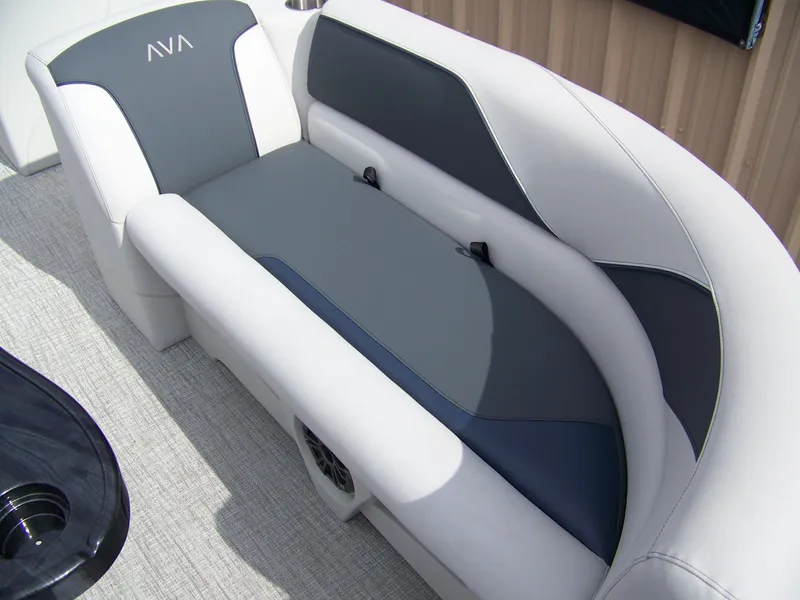 Slide: The Image of Luxurious seating on 2025 Avalon Venture 85 23VRB boat, featuring sleek gray and white upholstery. - 6