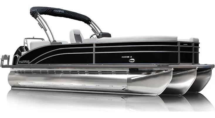 Slide: The Image of 2025 Harris Cruiser 210 CW pontoon boat with sleek black design and modern features. - 5