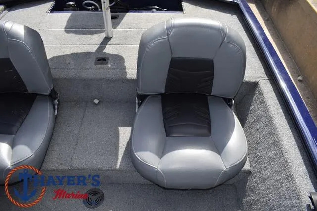 Slide: The Image of 2019 Tracker Pro 170 boat seats, gray upholstery, Mayer's Marina logo. - 18