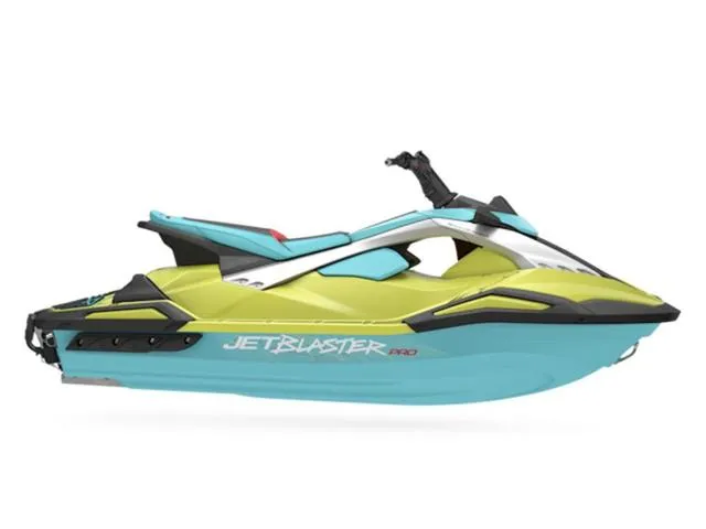 Slide: The Image of 2025 Yamaha WaveRunner JetBlaster in vibrant yellow and blue design. - 1