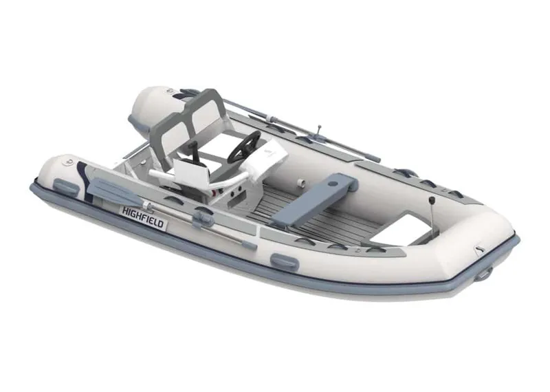 Slide: The Image of 2025 Highfield CL380 inflatable boat, white and gray design, side view. - 8
