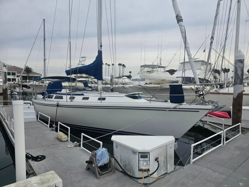 Slide: The Image of Sailboat Catalina 42, 1990 model, docked at marina with blue covers. - 41