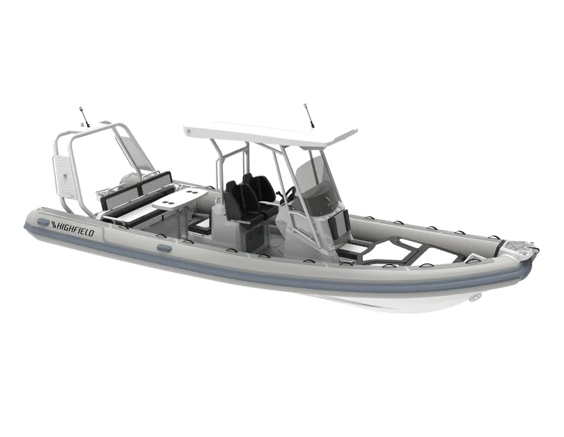 Slide: The Image of 2025 Highfield Sport 760 boat, sleek design, white and gray color scheme. - 6