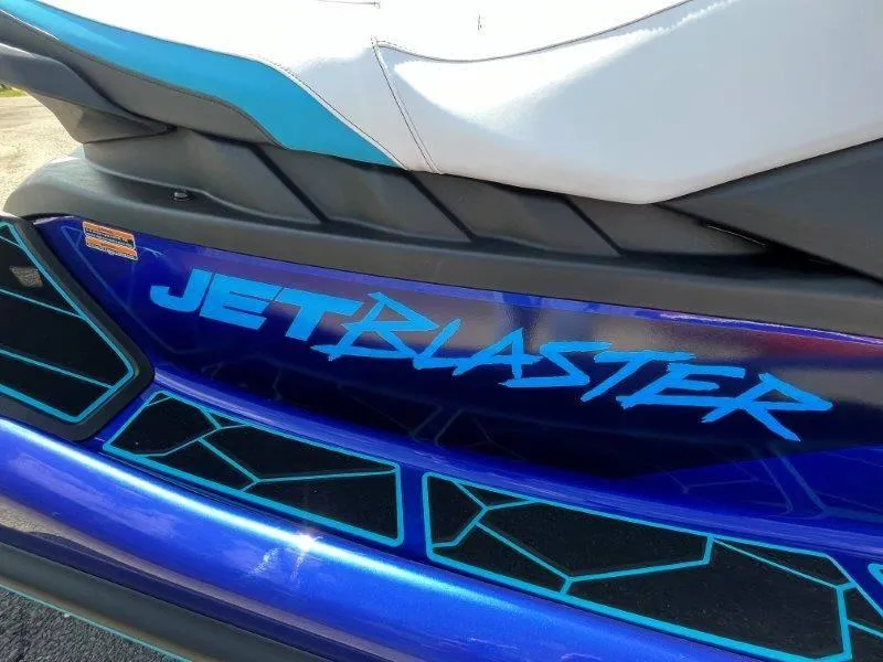 Slide: The Image of 2024 Yamaha Waverunner Jet Blaster, blue and black design, close-up view. - 22