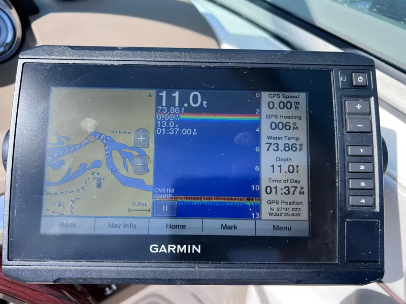 Slide: The Image of Garmin GPS display on 2012 Sea Ray 280 Sundeck, showing navigation and water temperature. - 34