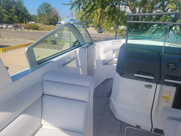 Slide: The Image of 2022 Aviara AV32 OB boat interior with sleek white seating and modern design. - 26