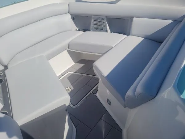 Slide: The Image of 2022 Aviara AV32 OB boat interior with sleek gray seating and modern design. - 30