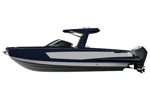 Slide: The Image of 2022 Aviara AV32 OB boat, sleek design, side view, navy and white color scheme. - 41