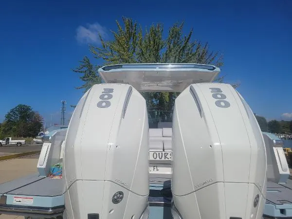 Slide: The Image of 2022 Aviara AV32 OB boat with twin 300 horsepower outboard engines. - 6