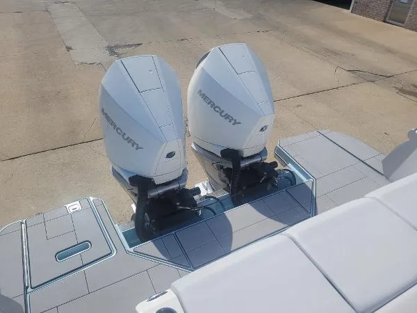 Slide: The Image of 2022 Aviara AV32 OB boat with dual Mercury outboard engines. - 8